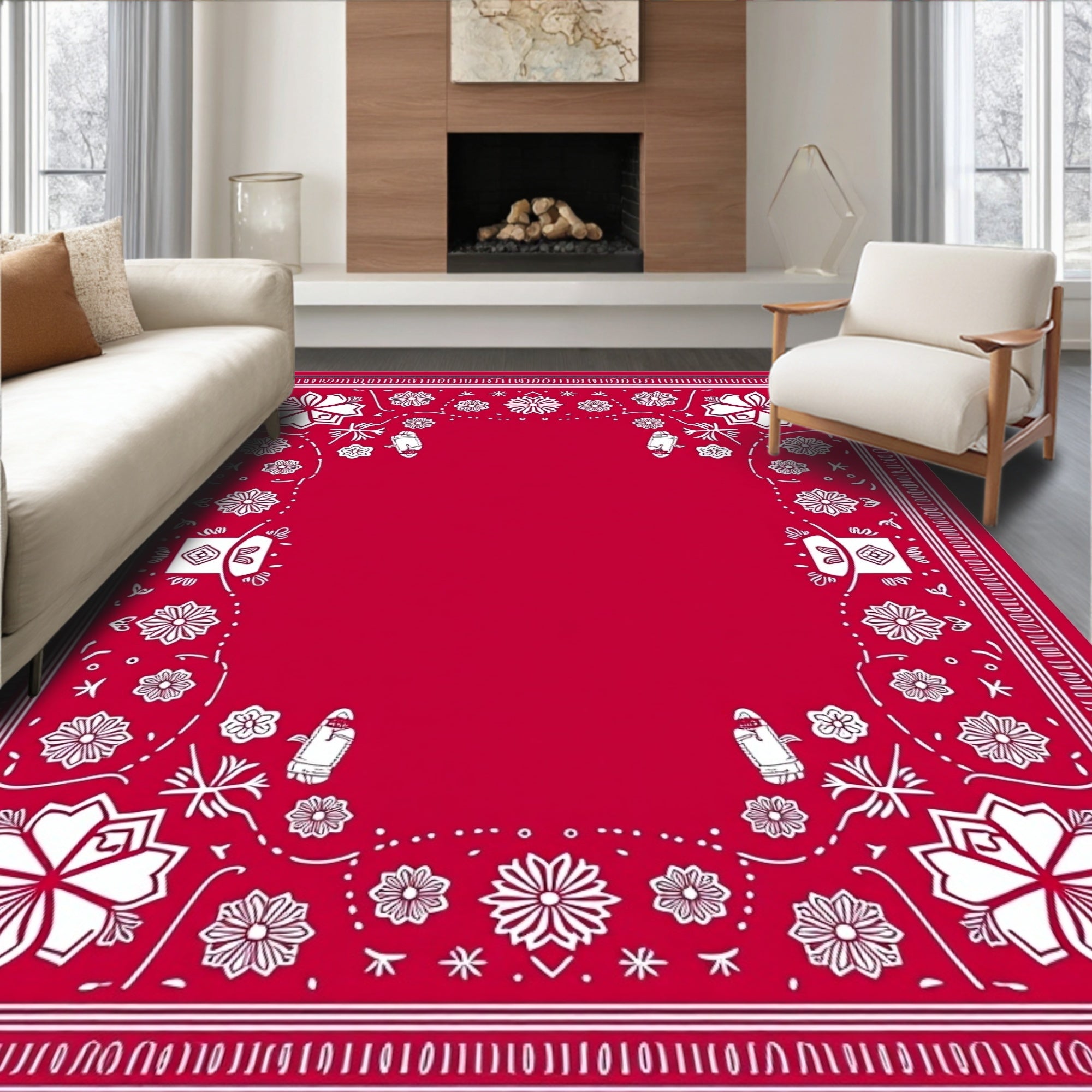 Crimson Floral Camper Van Border Rug