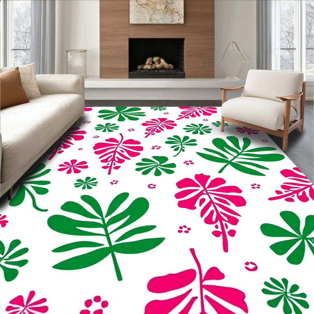 Bold Pink Green Tropical Leaf Collage Rug