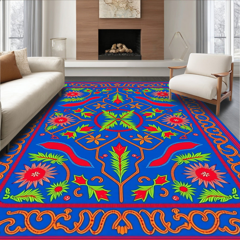 Vibrant Blue Floral Medallion Rug
