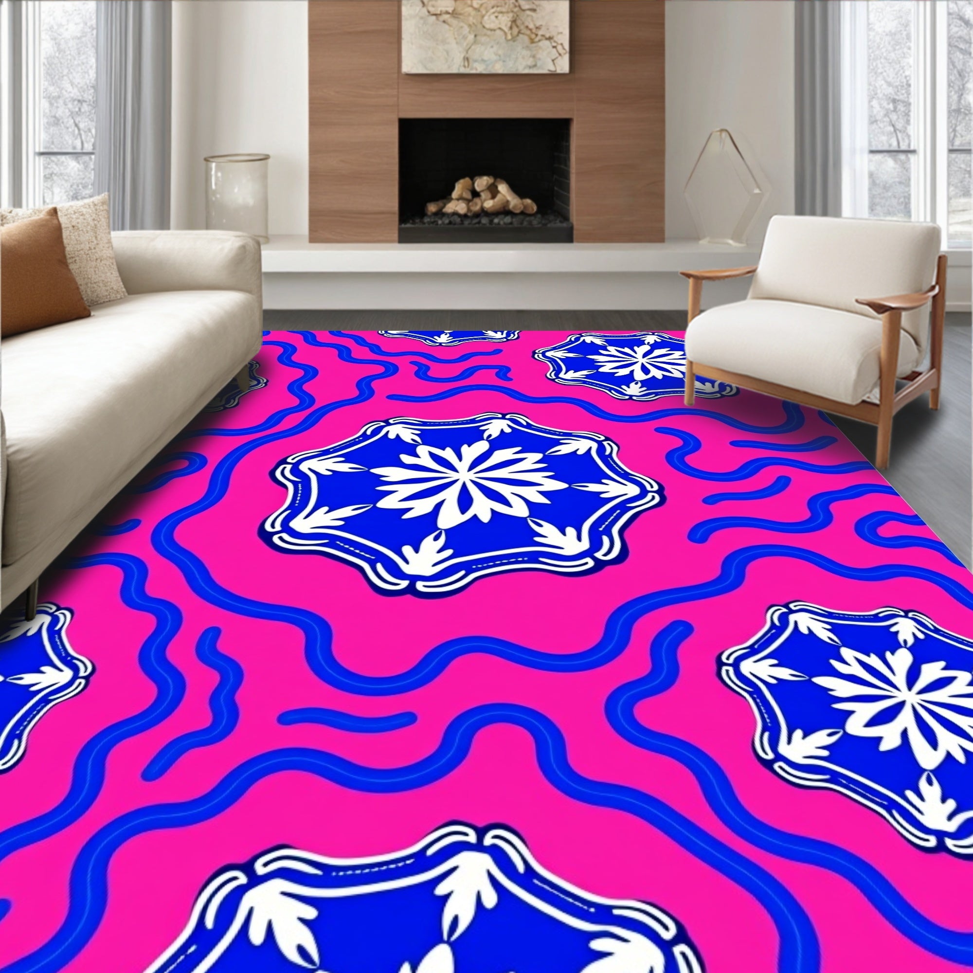 Vibrant Pink Blue Floral Wave Medallions Rug