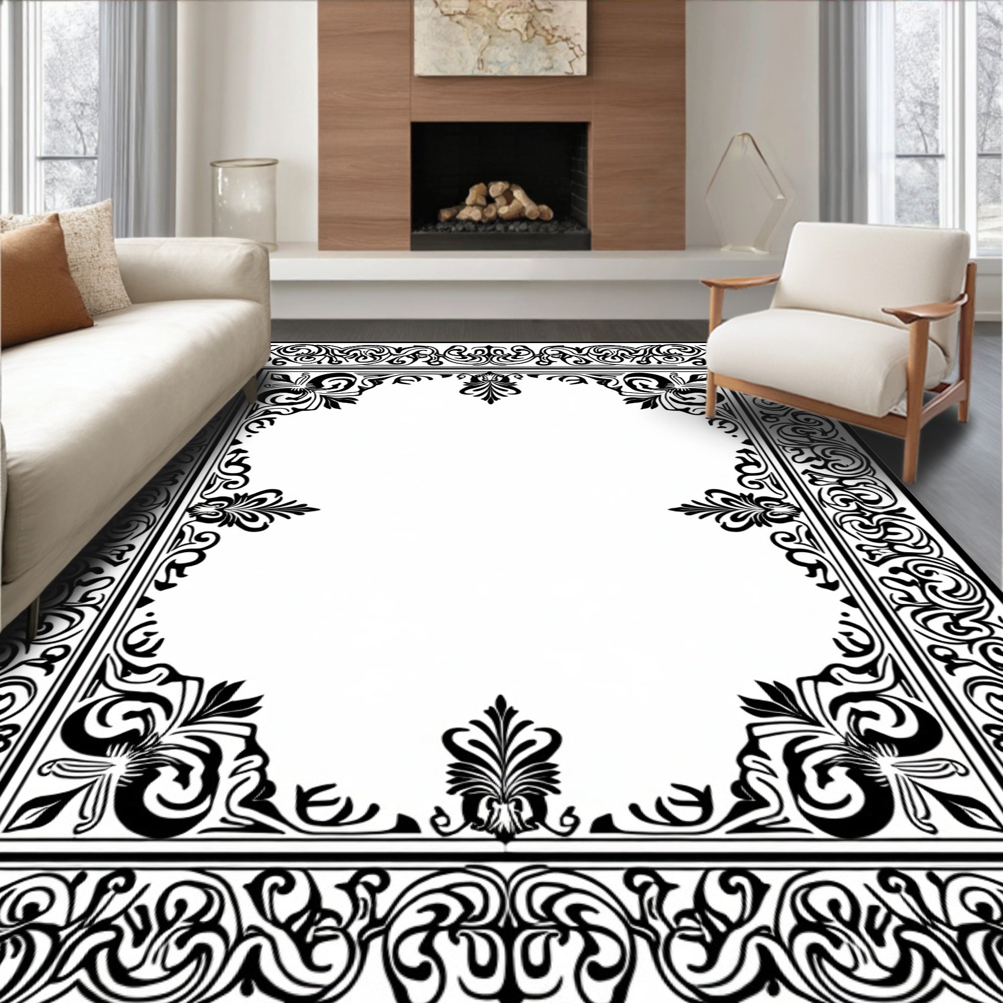Ornate Black Floral Scroll Border Rug