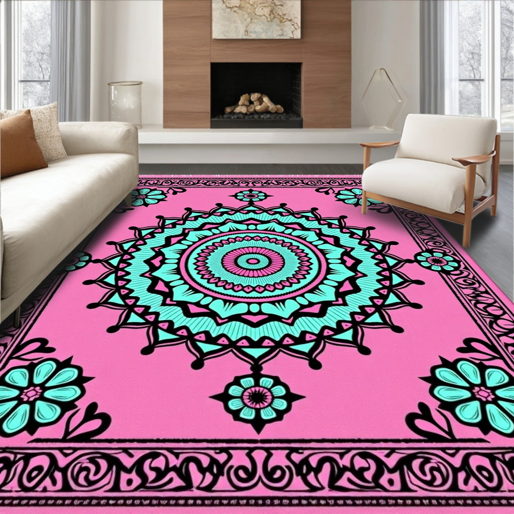 Pink Teal Floral Medallion Rug