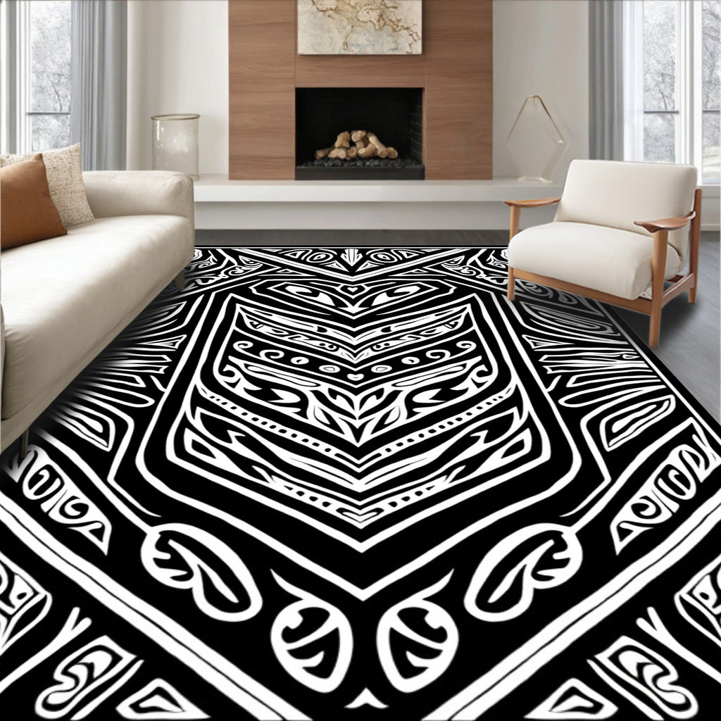 Bold Black and White Tribal Shield Rug