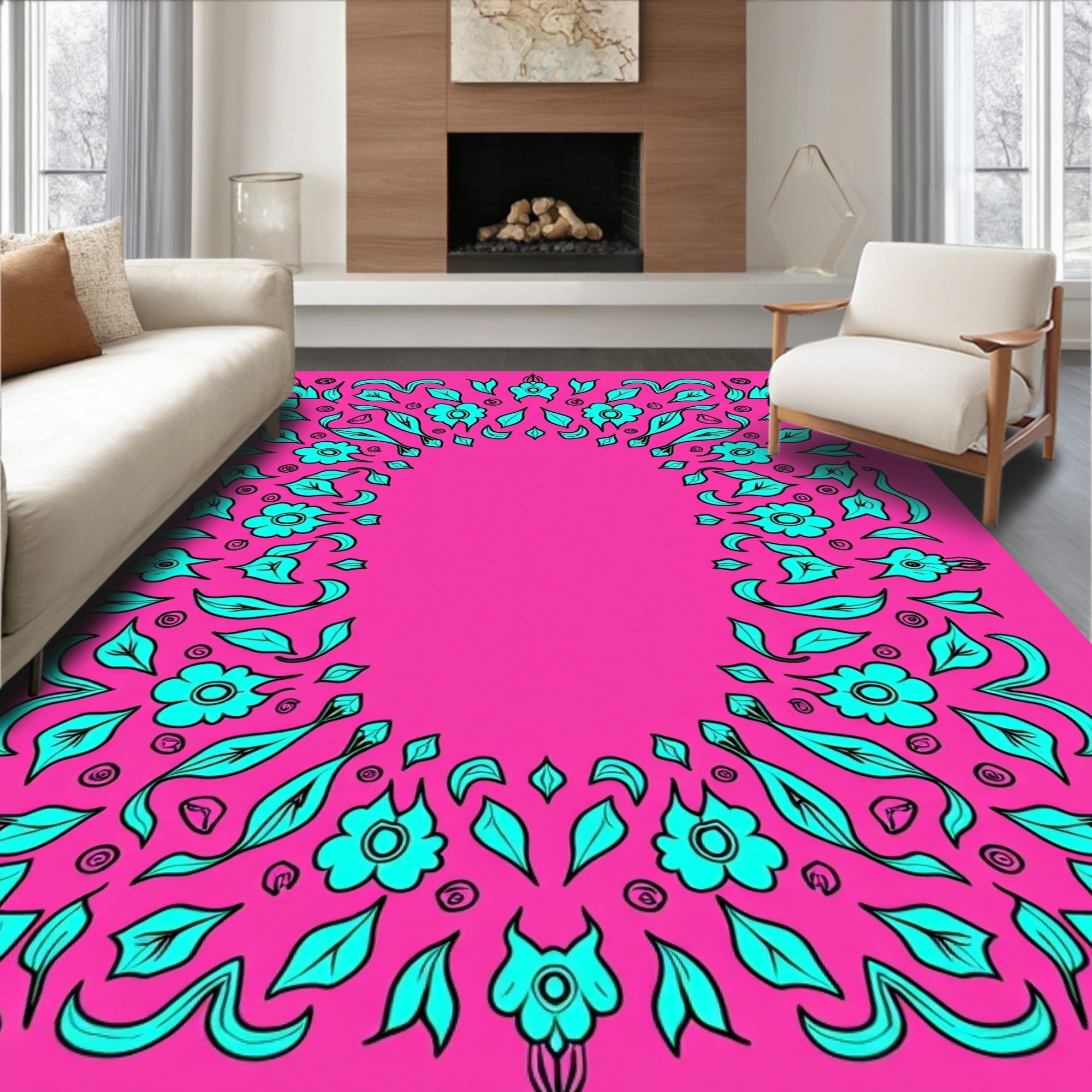 Bright Pink Teal Floral Border Rug