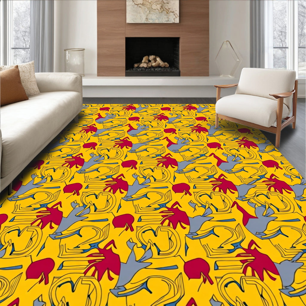 Abstract Red Gray Figures Yellow Background Rug