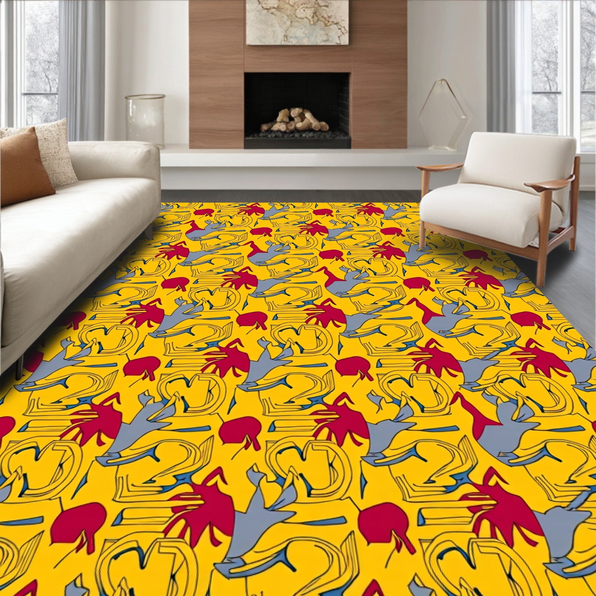 Abstract Red Gray Figures Yellow Background Rug
