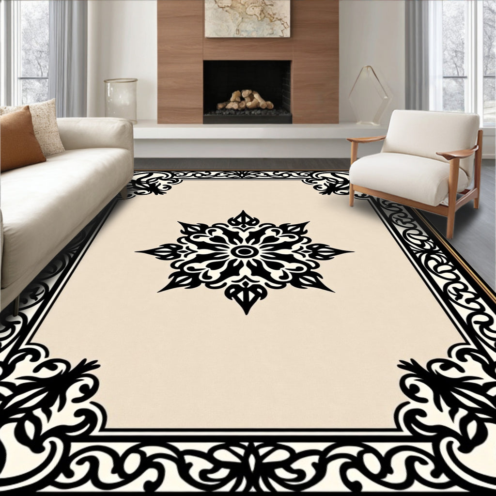 Ornamental Black and Cream Medallion Frame Rug