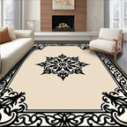 Ornamental Black and Cream Medallion Frame Rug