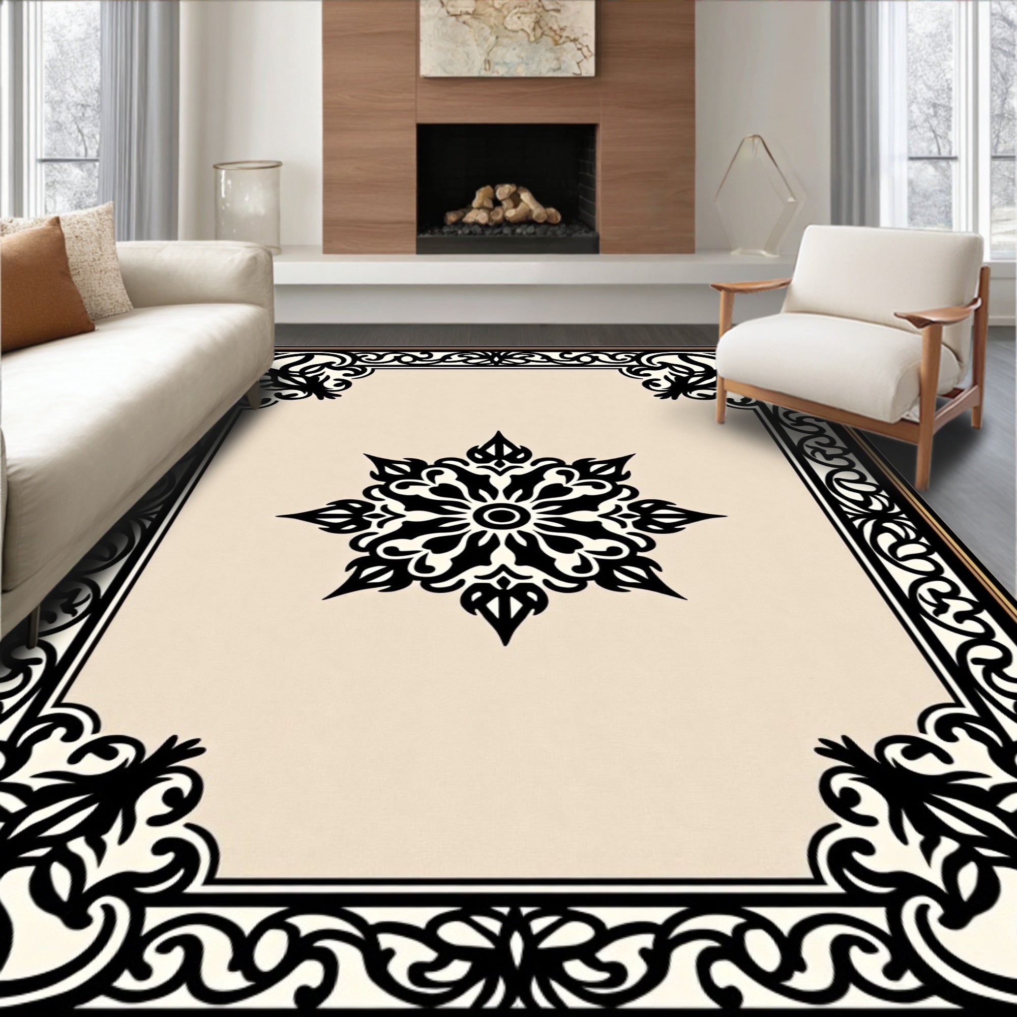 Ornamental Black and Cream Medallion Frame Rug