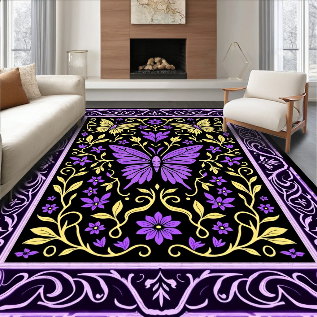 Victorian Purple Yellow Butterfly Floral Rug