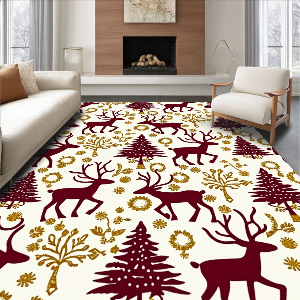 Crimson Deer Christmas Trees Garland Rug