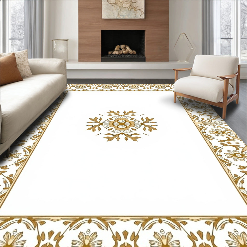 Golden Floral Damask Centerpiece Border Rug