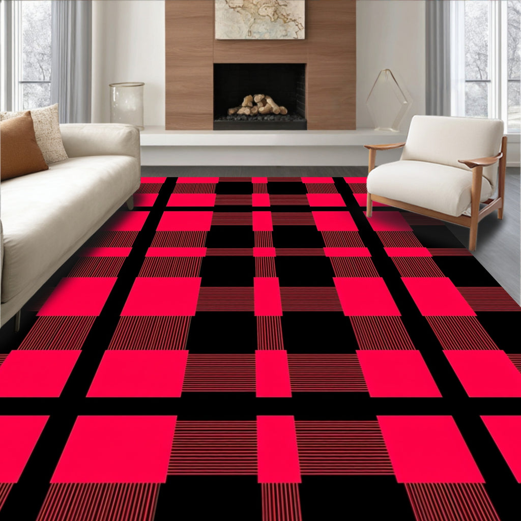 Bold Red Plaid Grid Textile Rug