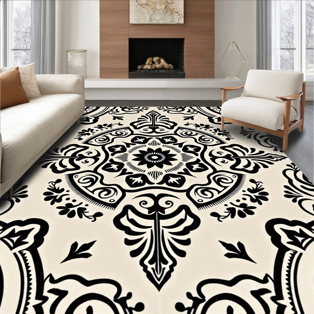 Cream Black Damask Ornamental Medallion Rug