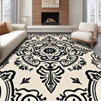 Cream Black Damask Ornamental Medallion Rug