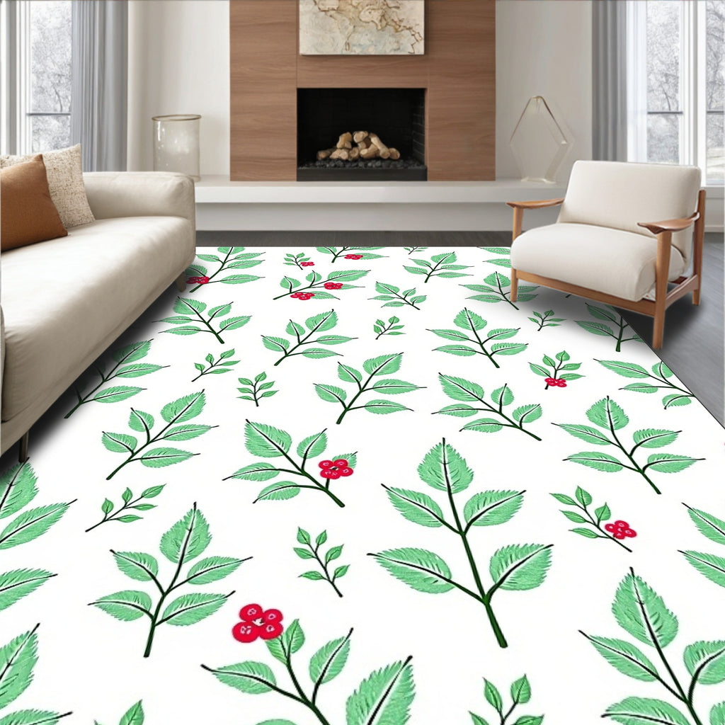 Green Leaf Red Berry Botanical Rug