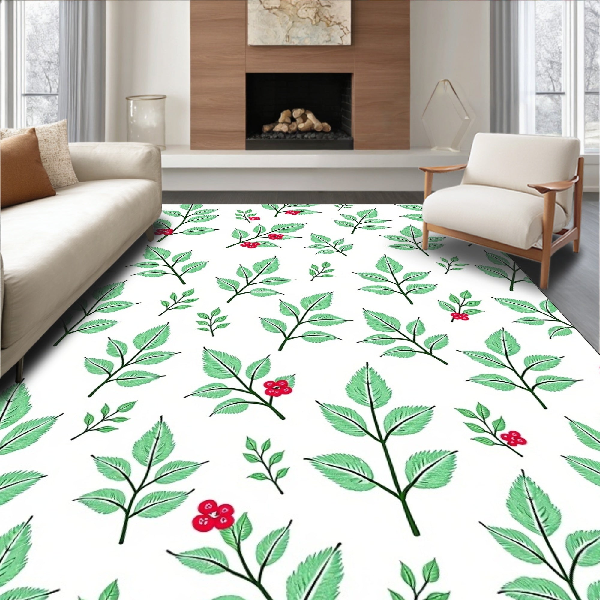 Green Leaf Red Berry Botanical Rug