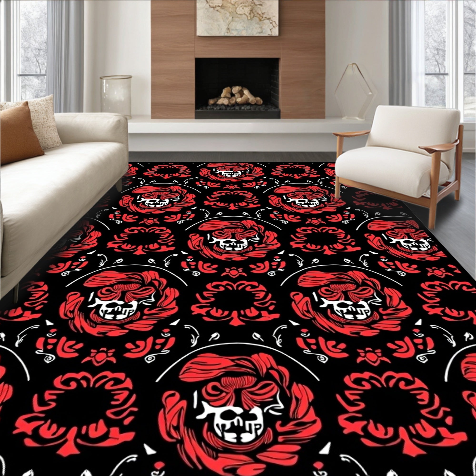 Crimson Skull Baroque Floral Rug