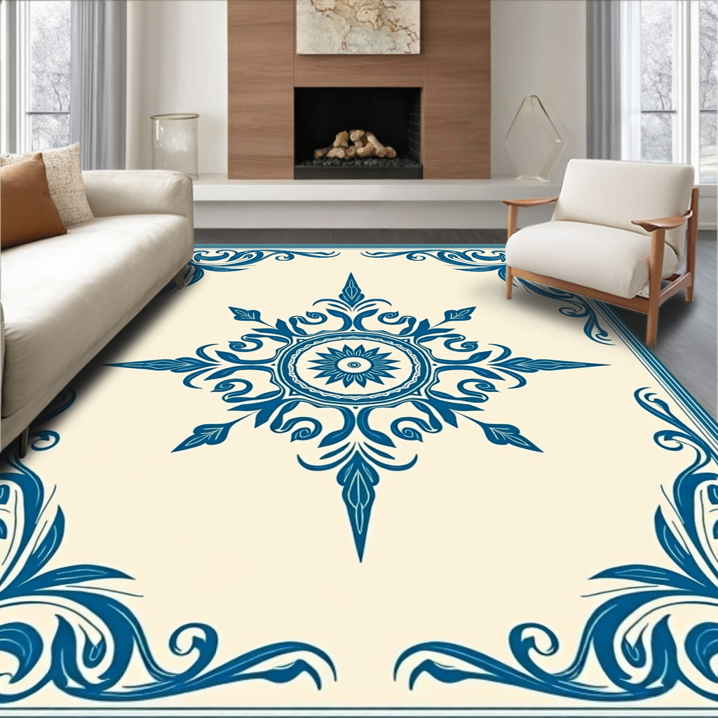 Deep Blue Floral Medallion Scroll Rug