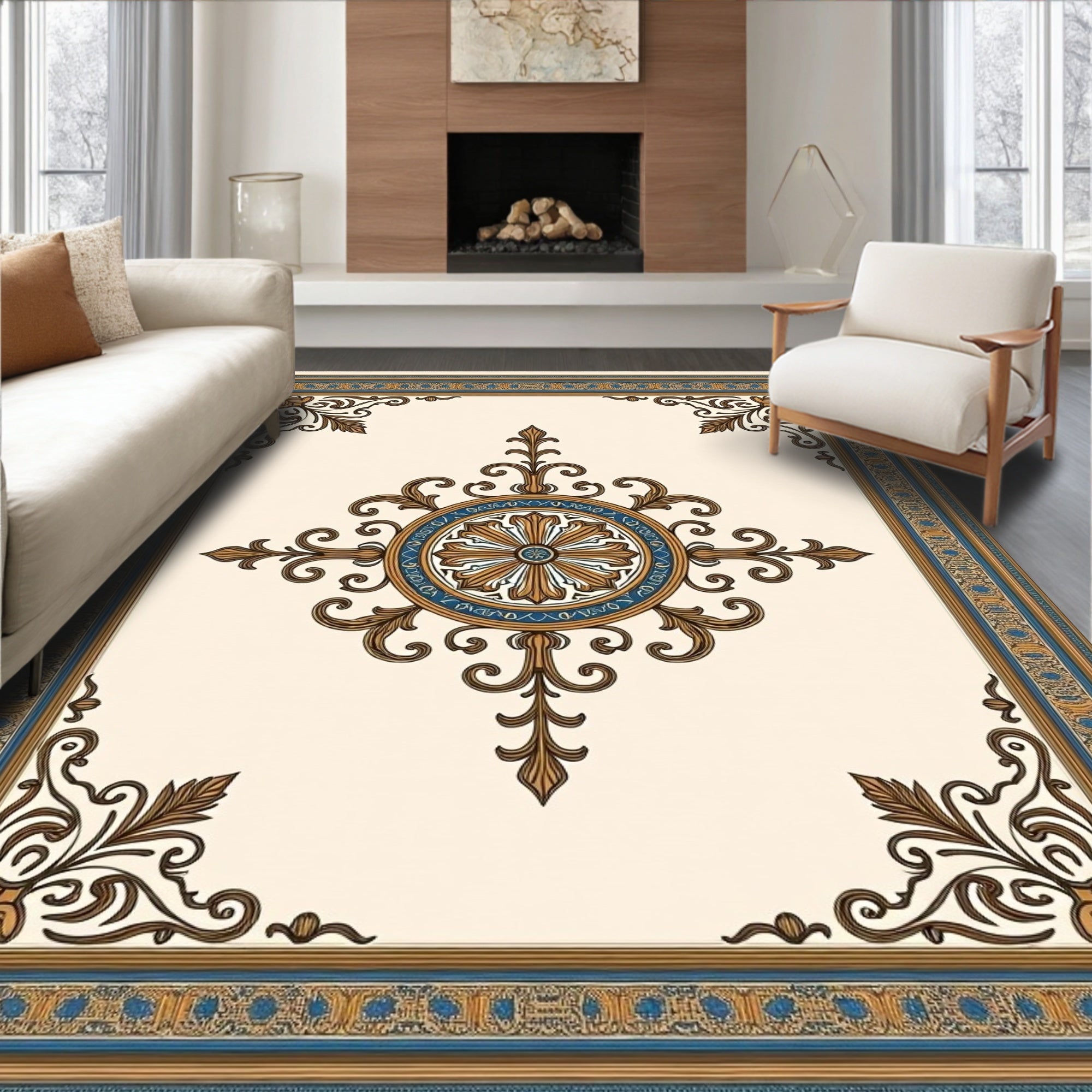 Ornate Gold Blue Floral Medallion Rug