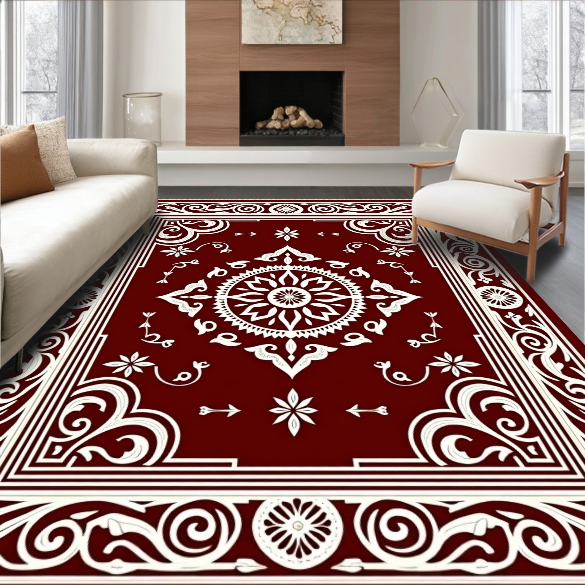 Crimson White Intricate Floral Medallion Rug