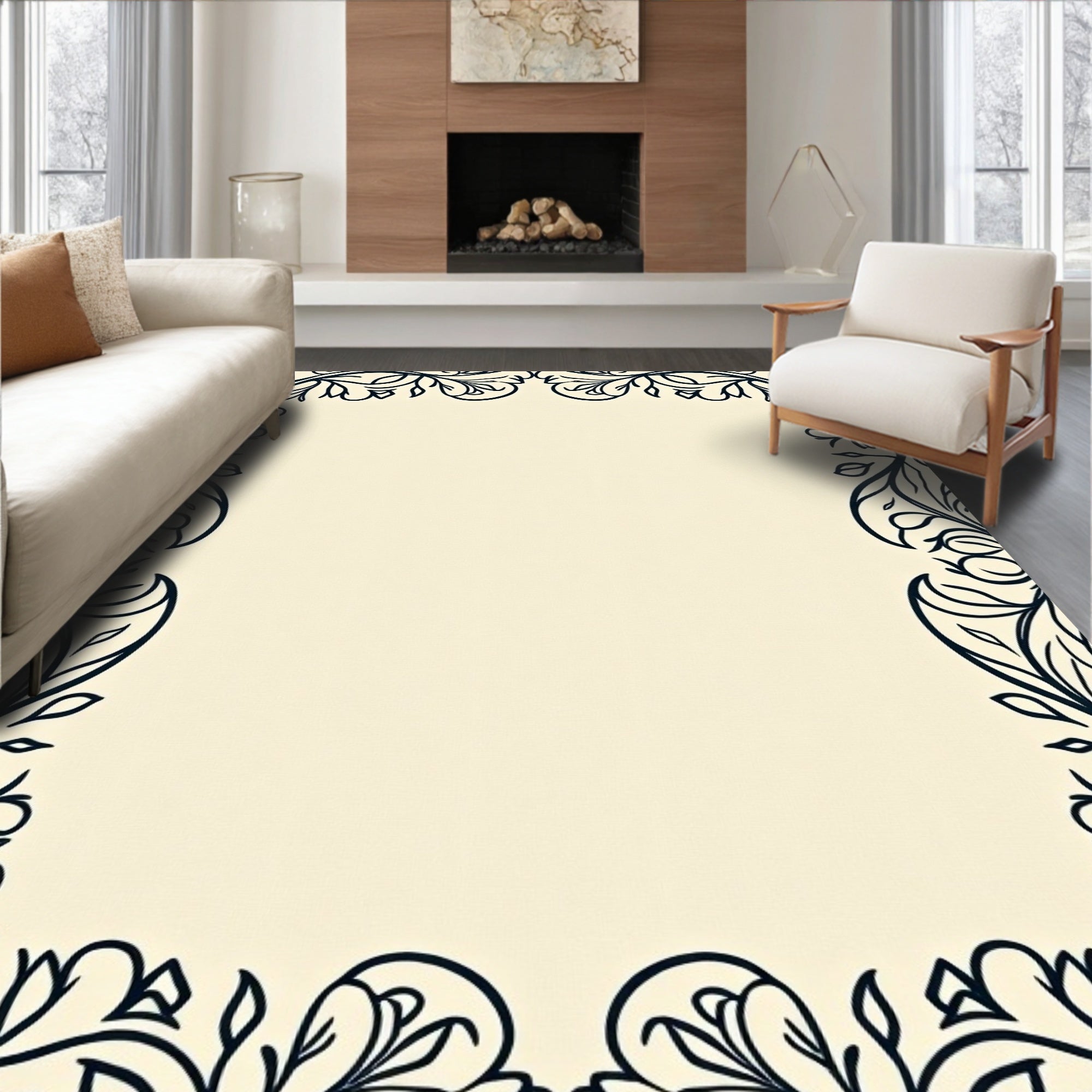 Cream Ivory Ornate Scroll Vine Rug