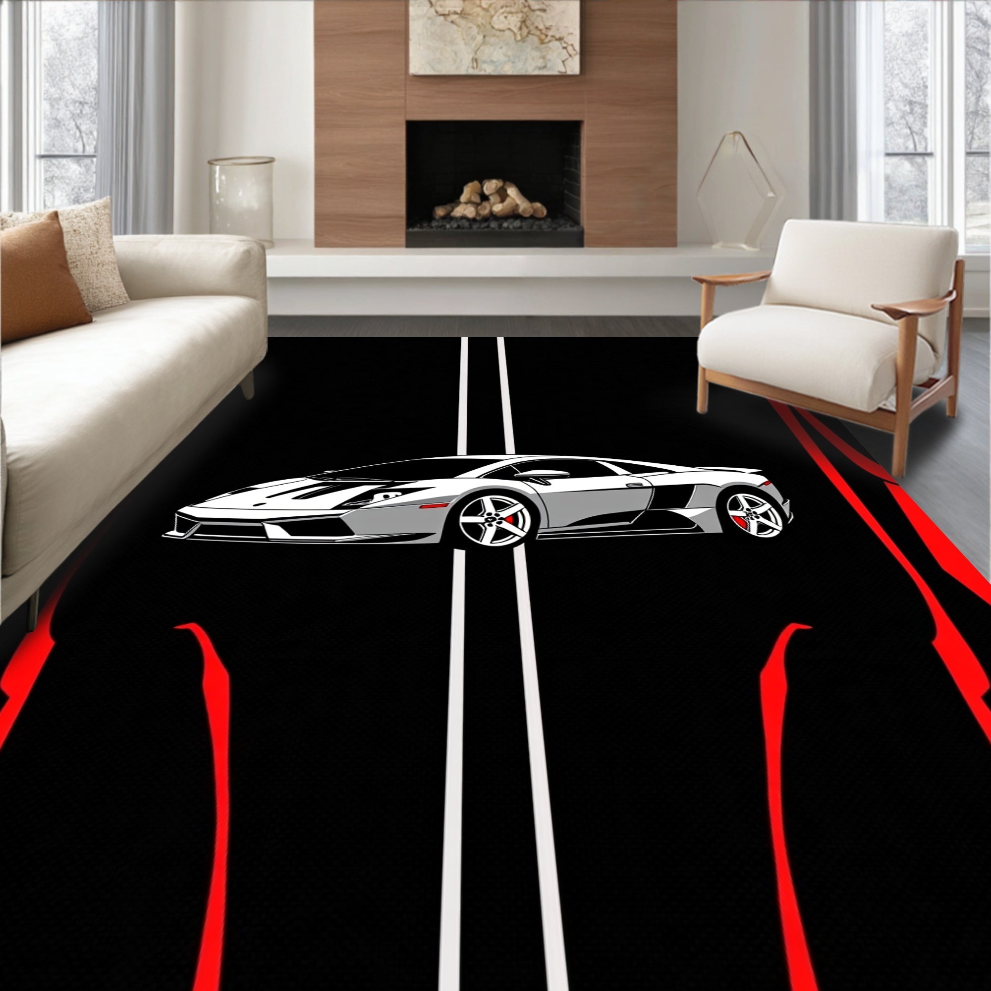 Silver Sports Car Red Black Striped Rug
