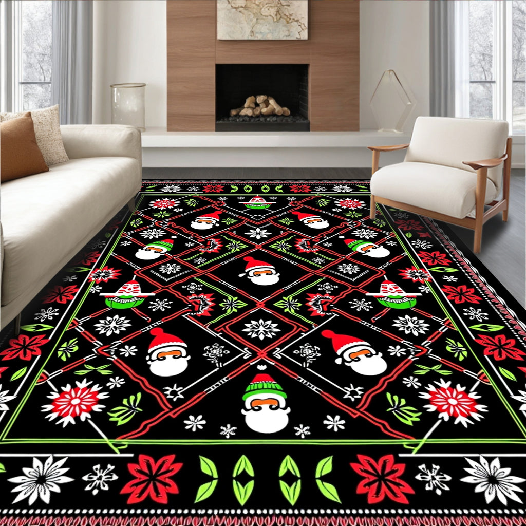 Merry Santa Christmas Floral Border Rug