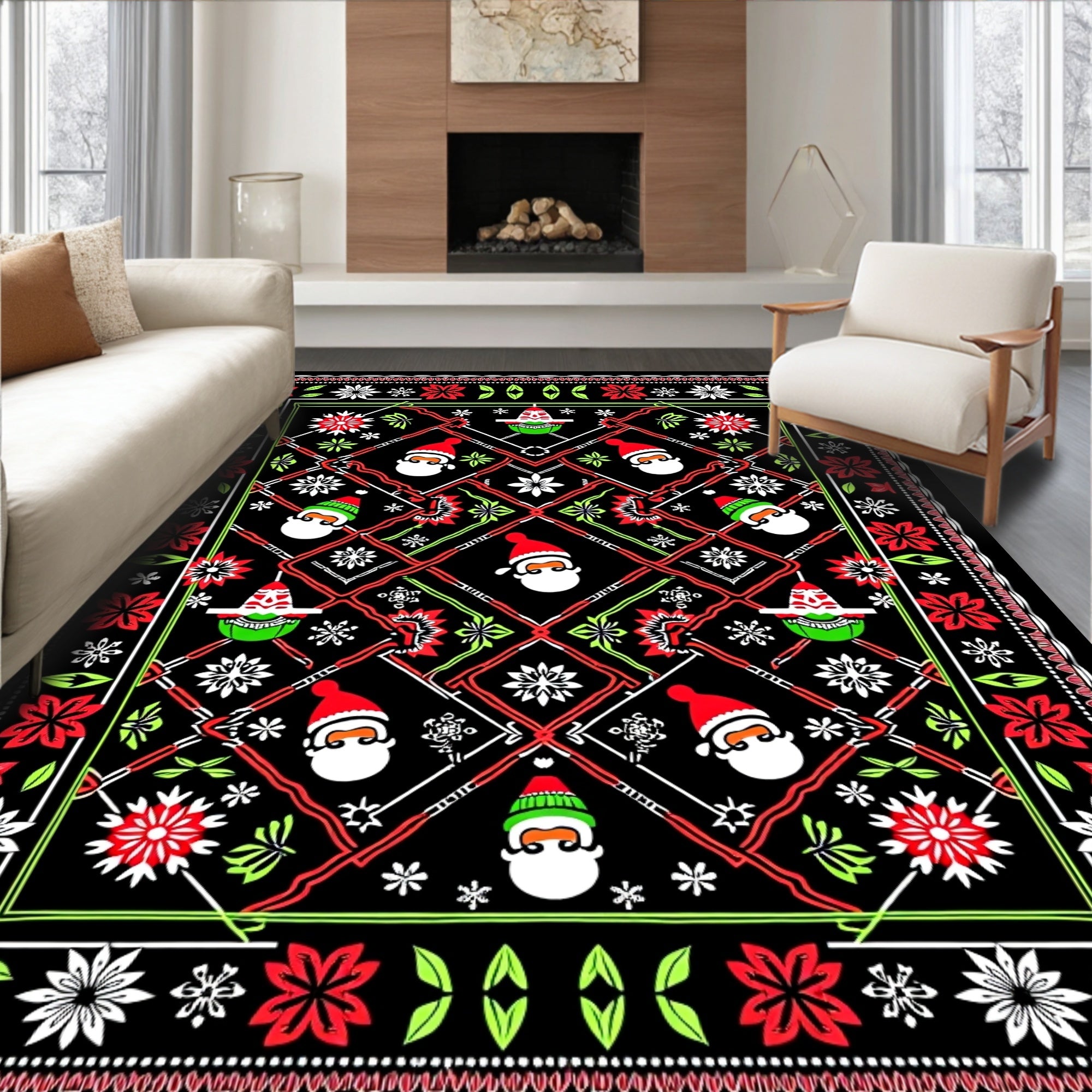 Merry Santa Christmas Floral Border Rug