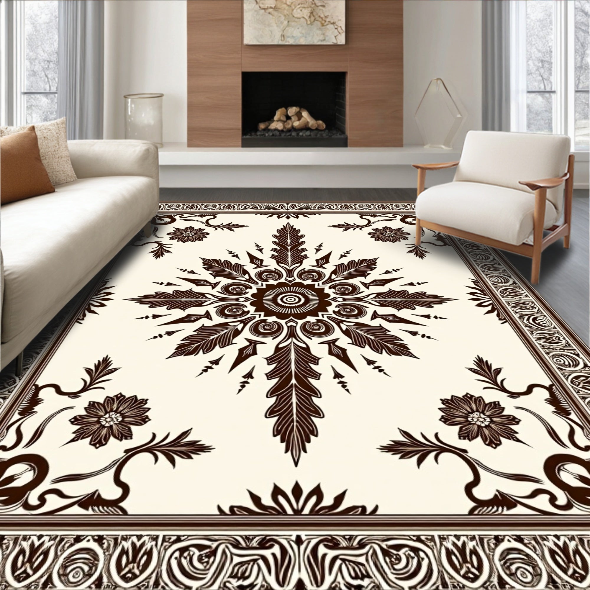 Brown Floral Medallion Border Rug