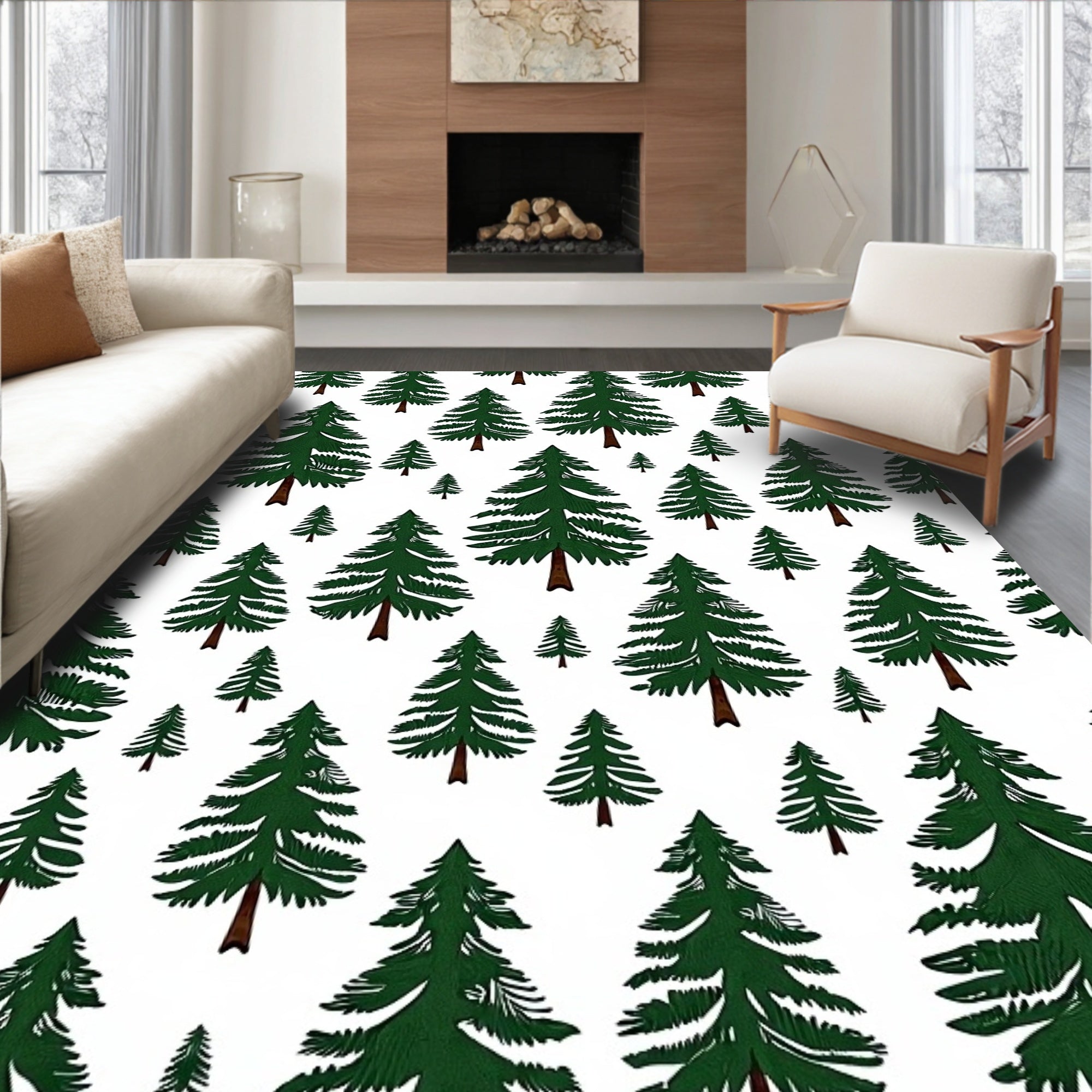 Forest Green Evergreen Trees Repeating Design Rug