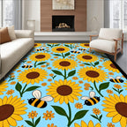 Golden Sunflowers and Bees Sky Blue Rug