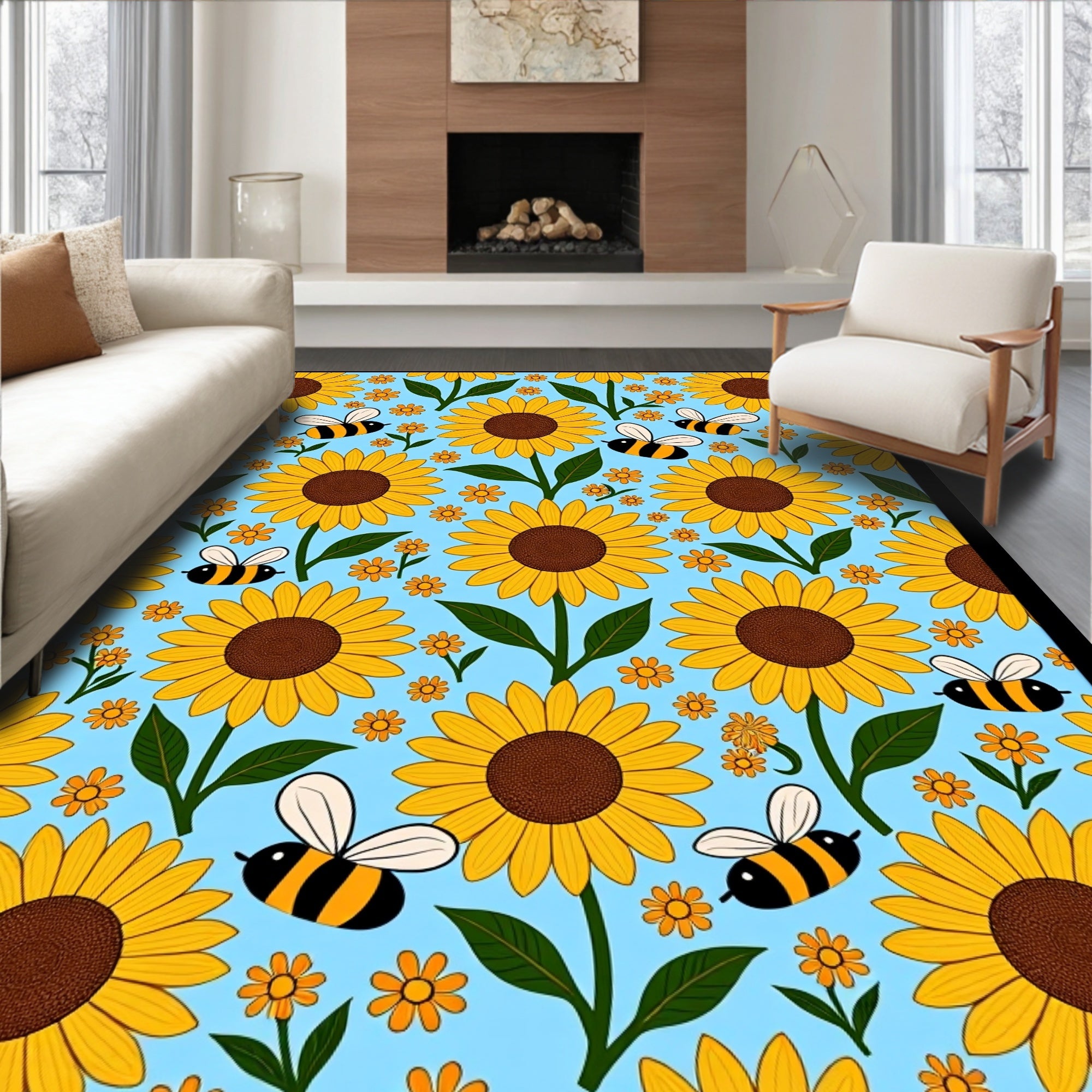 Golden Sunflowers and Bees Sky Blue Rug