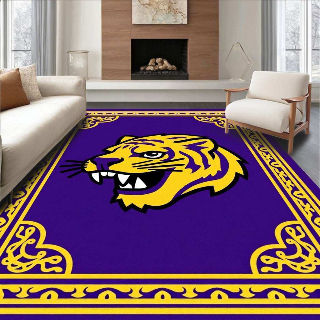 Purple and Yellow Tiger Portrait Border Rug