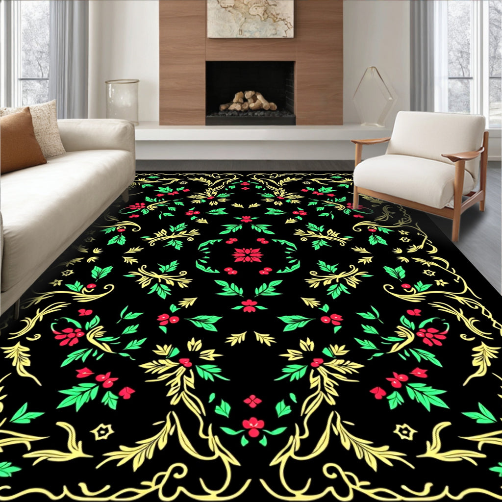 Crimson Red Green Gold Floral Swirl Rug