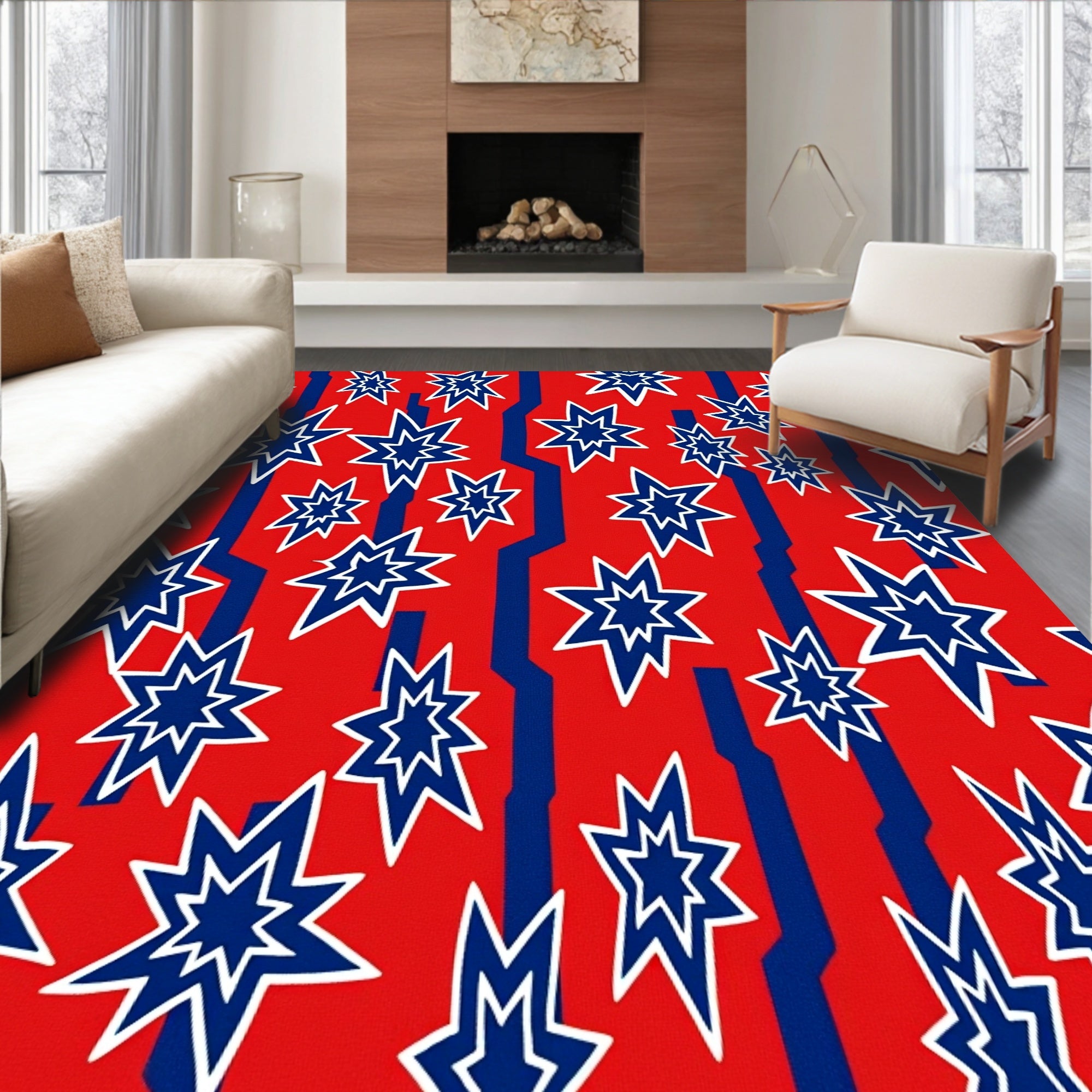 Red Blue Exploding Star Geometric Rug