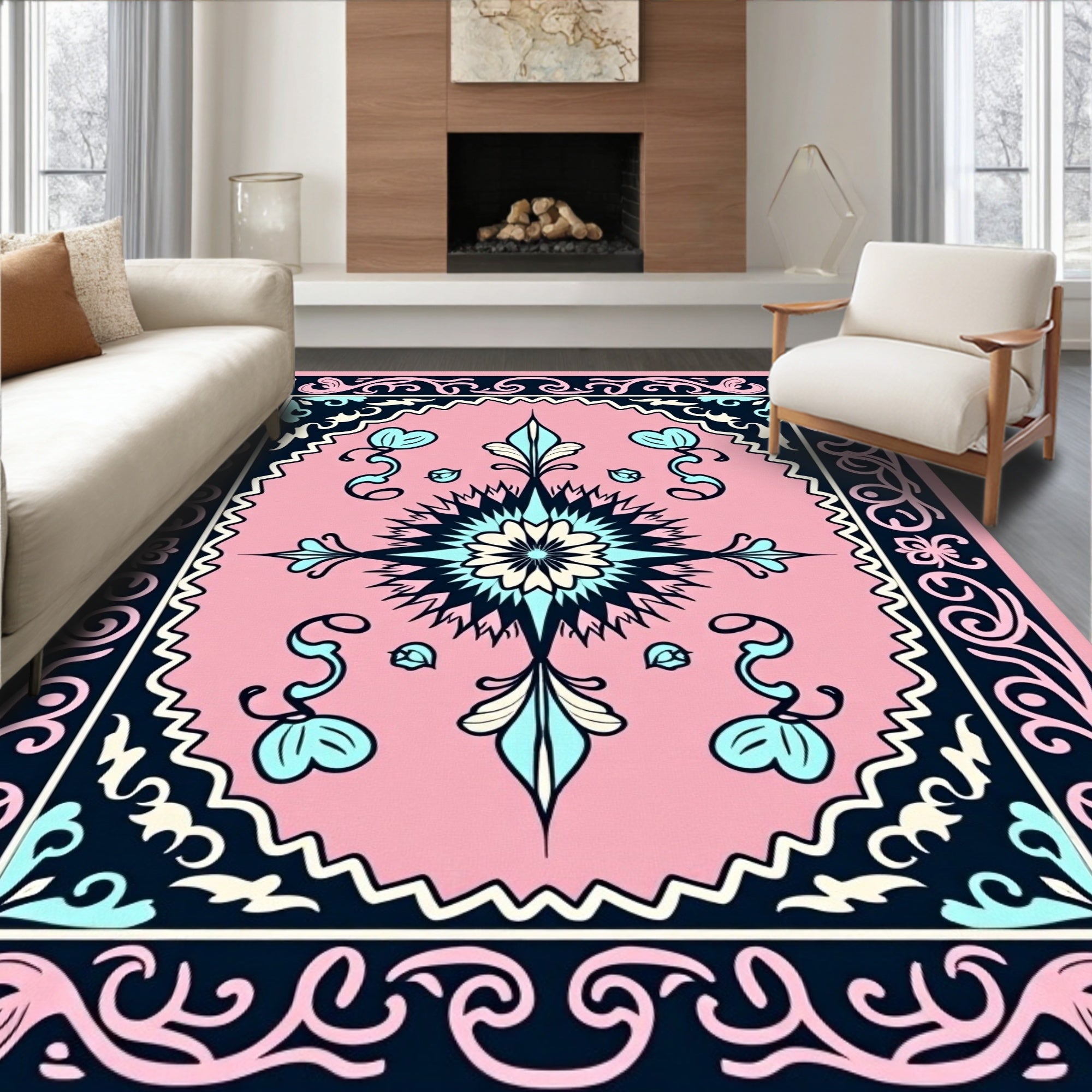 Pink Turquoise Starburst Floral Medallion Rug