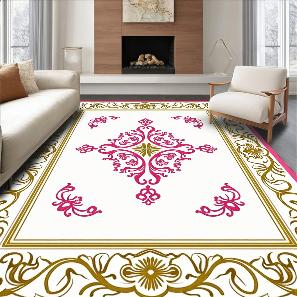 Pink Gold Floral Scrolled Border Rug