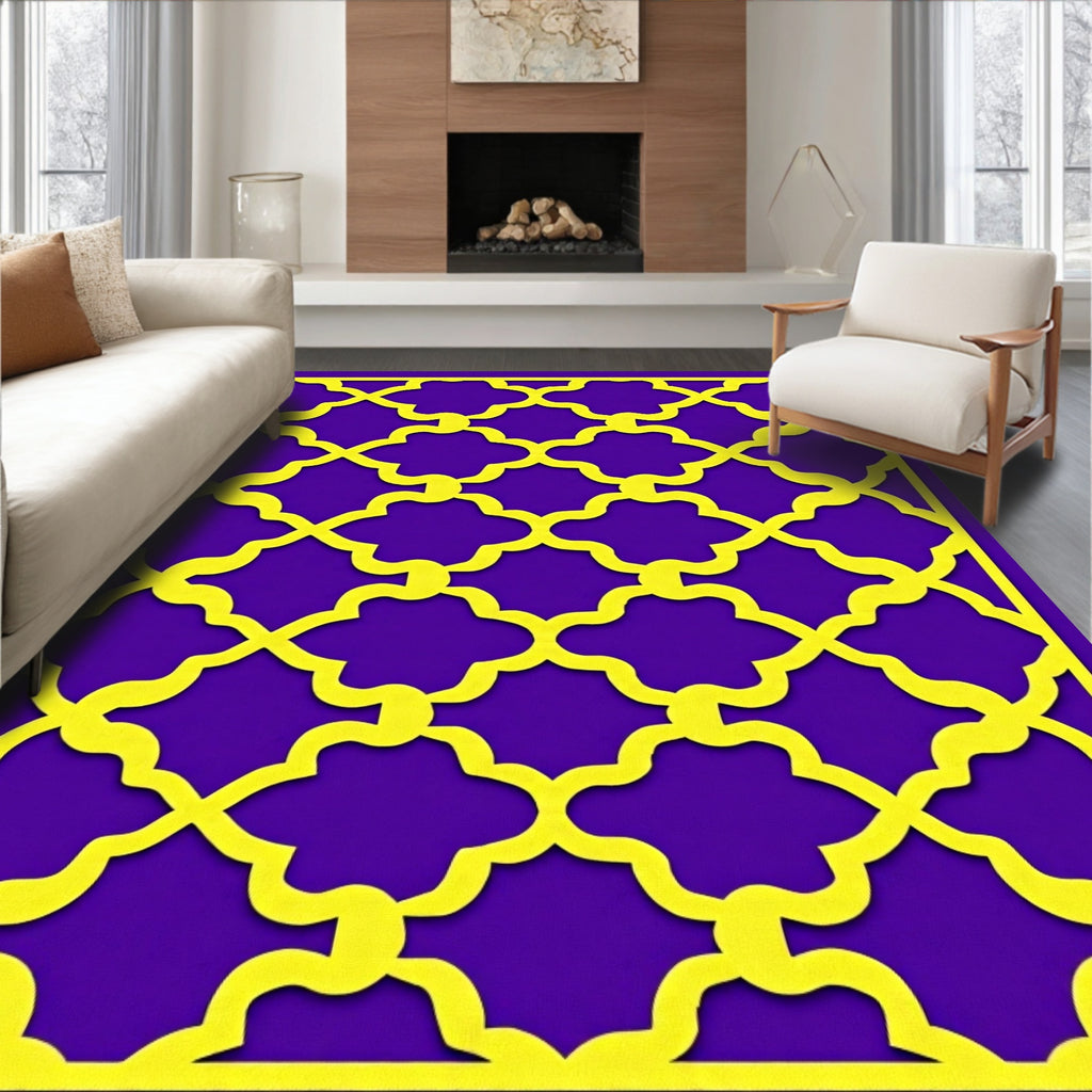 Golden Quatrefoil Lattice Purple Rug