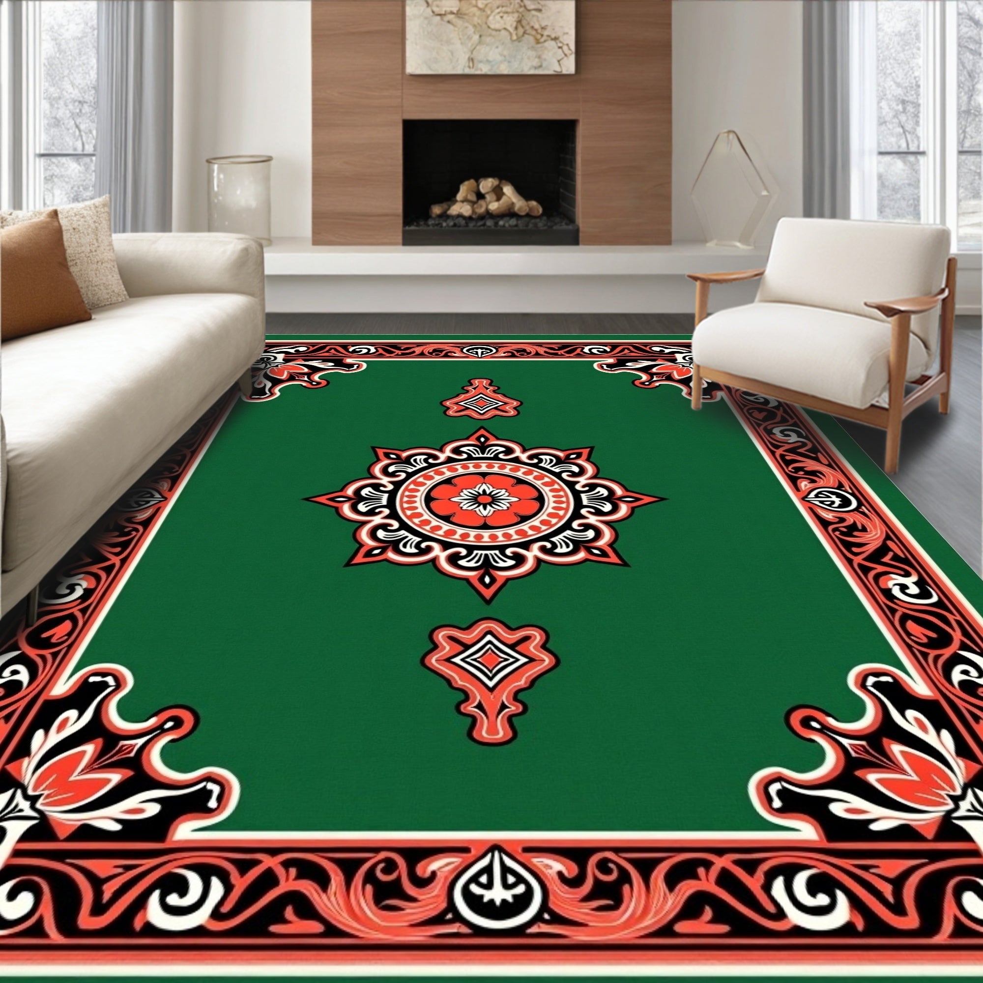 Crimson Floral Medallion Green Border Rug
