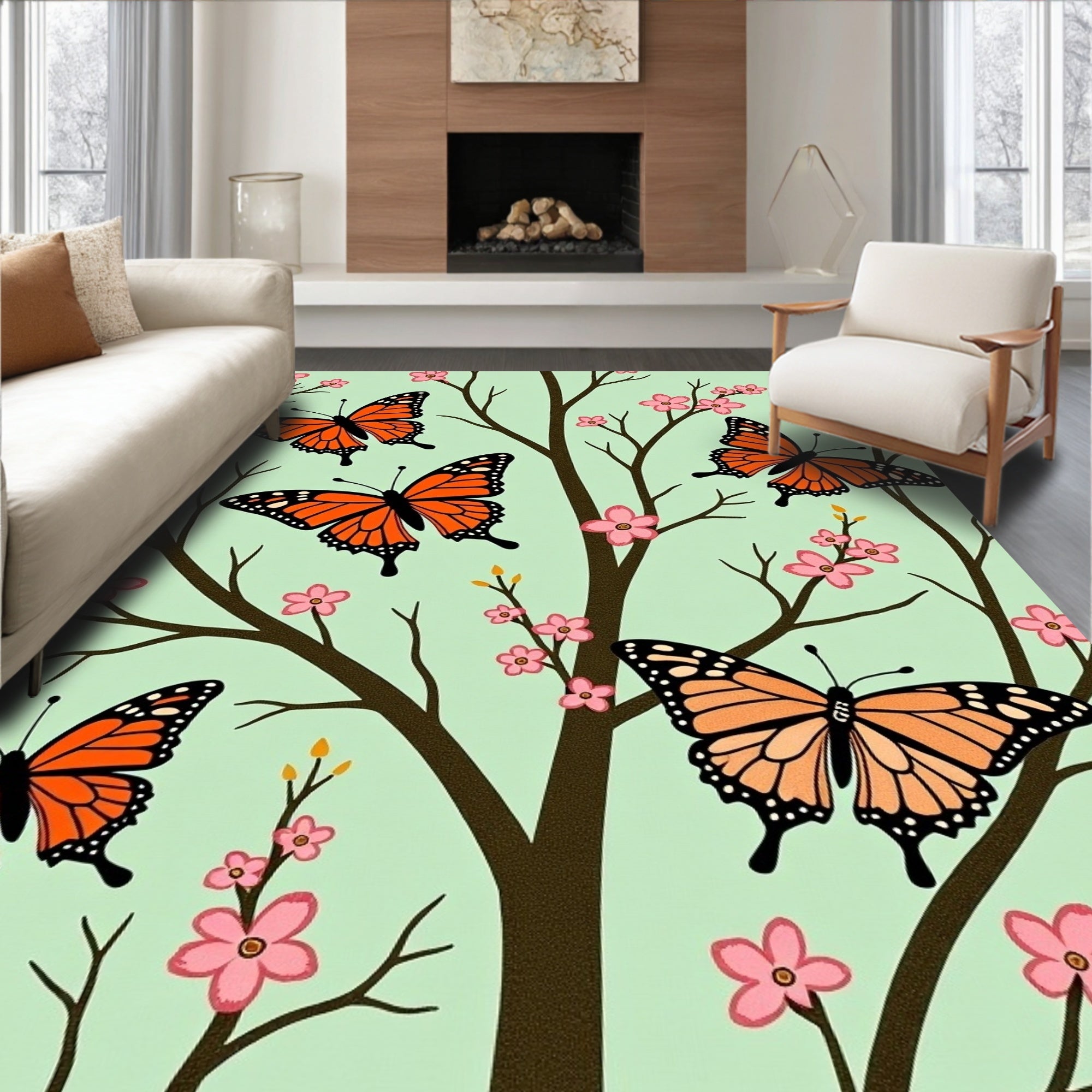 Whimsical Orange Butterfly Cherry Blossom Rug
