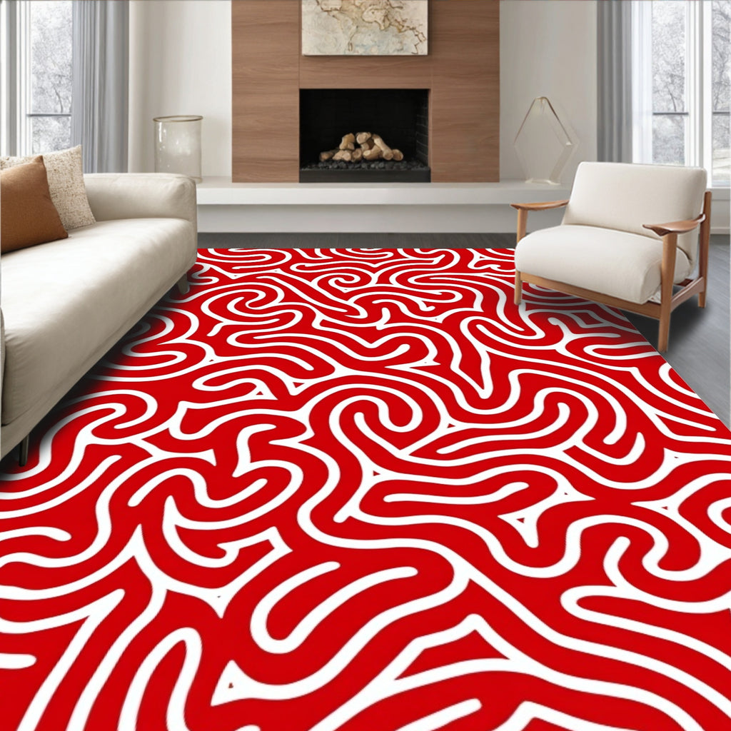 Bold Red White Abstract Swirl Rug