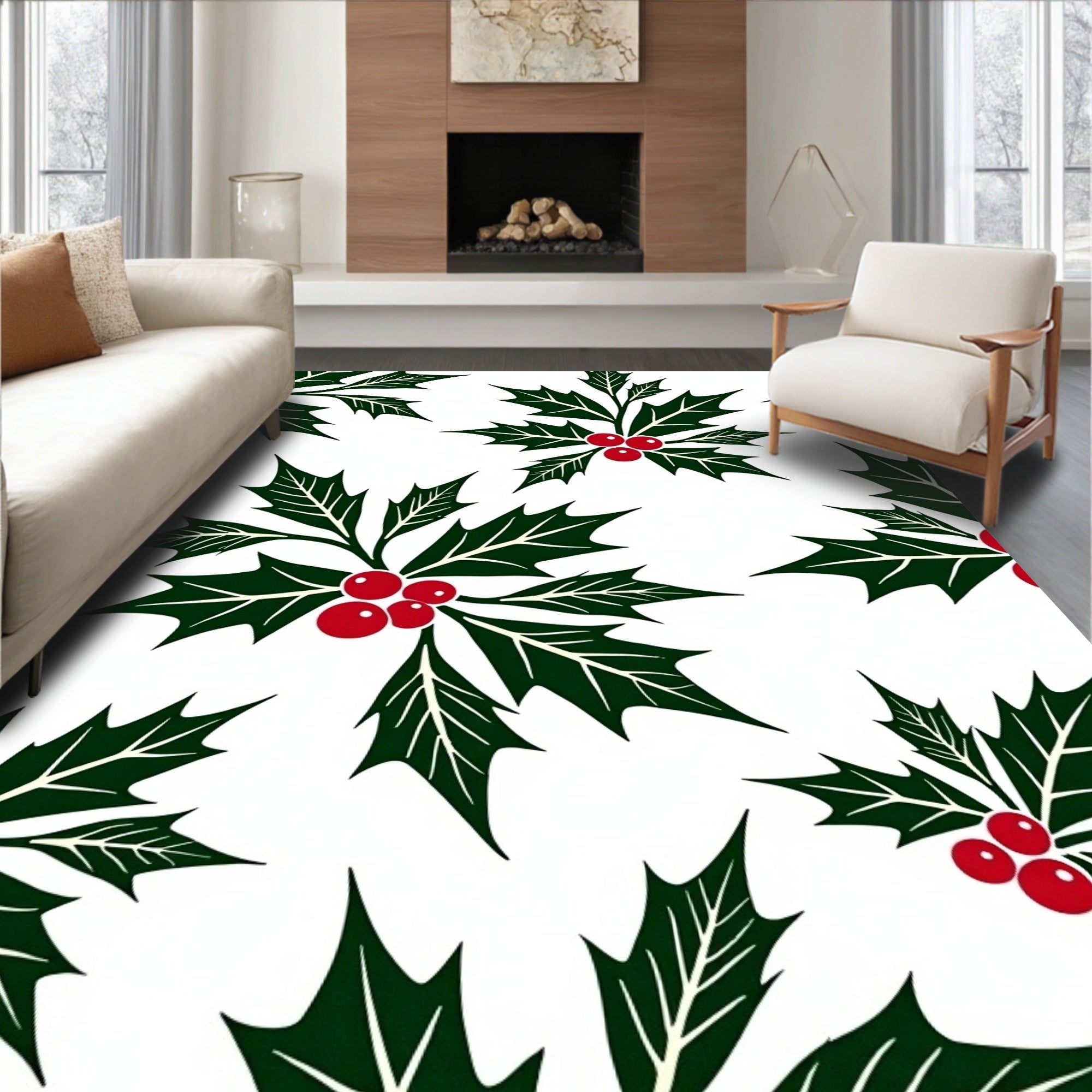 Festive Green Holly Berry Cluster Rug