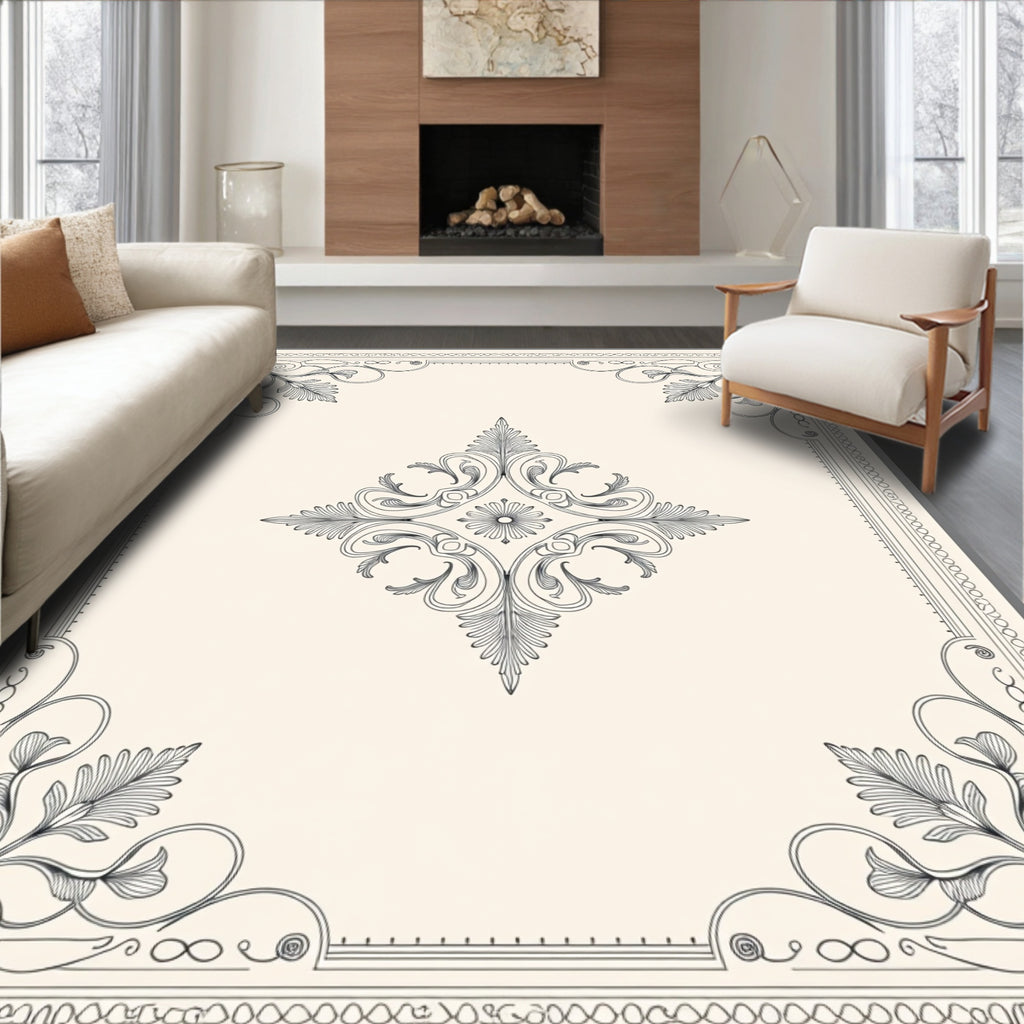 Ornate Black and White Floral Medallion Rug