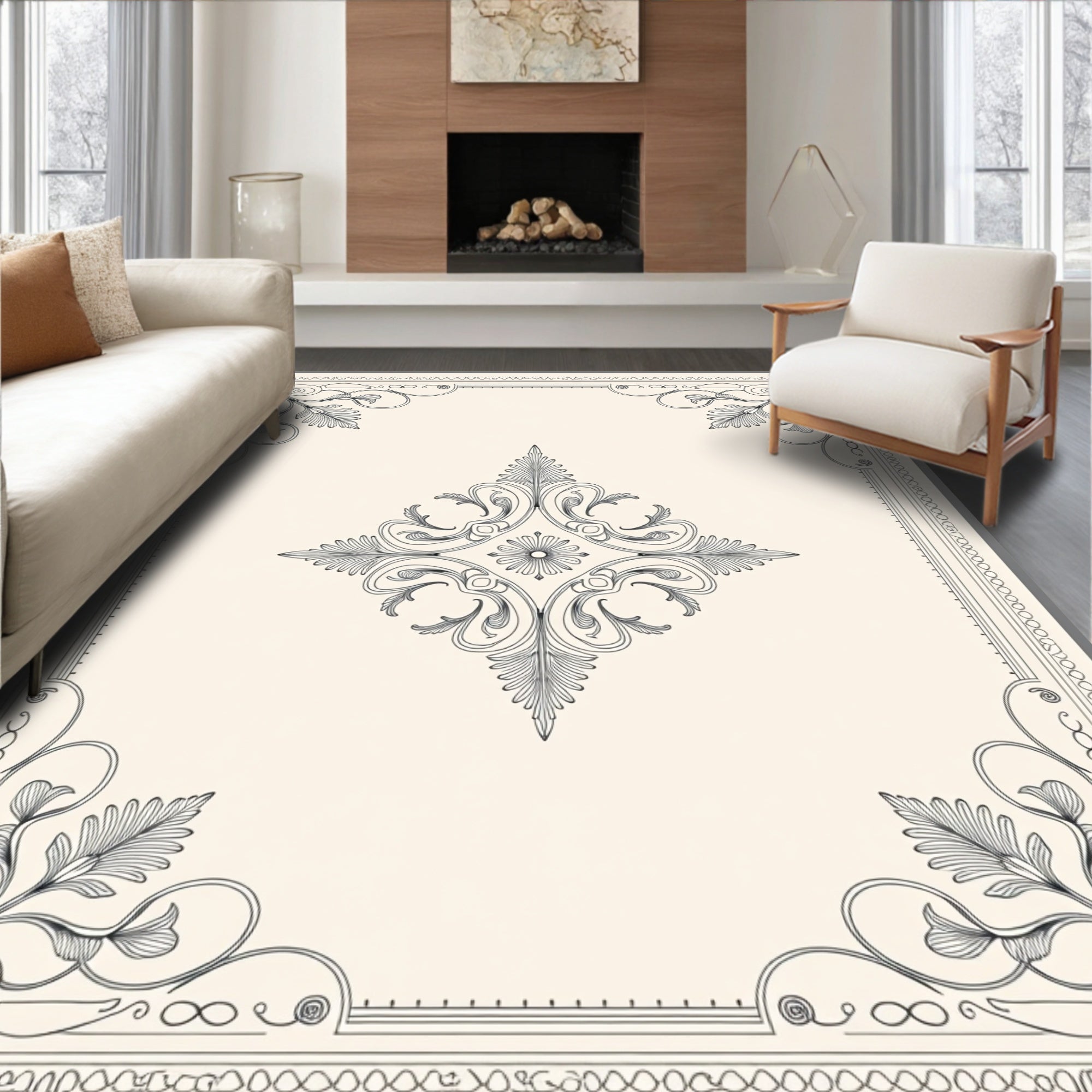 Ornate Black and White Floral Medallion Rug