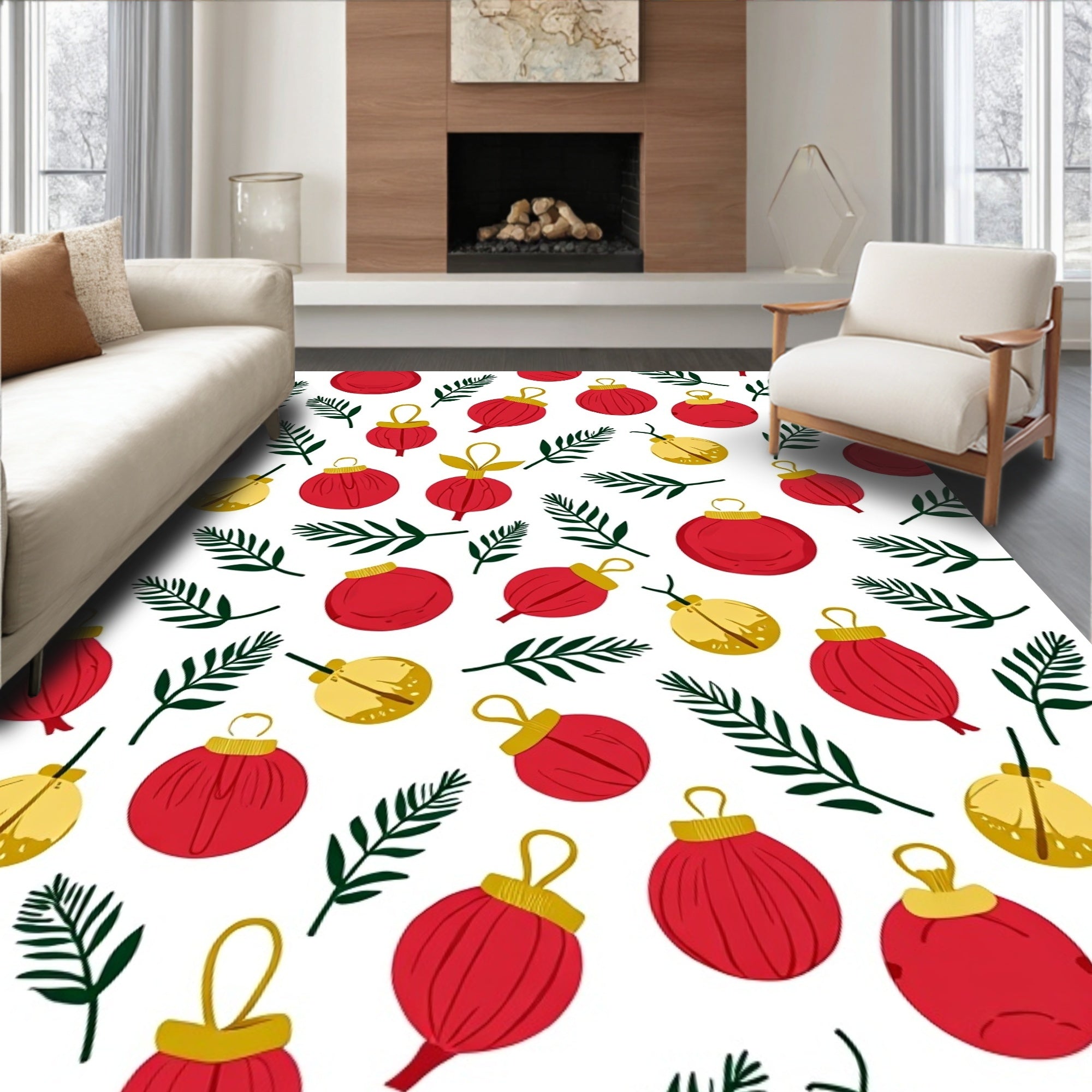 Red Gold Ornament Evergreen Branch Rug