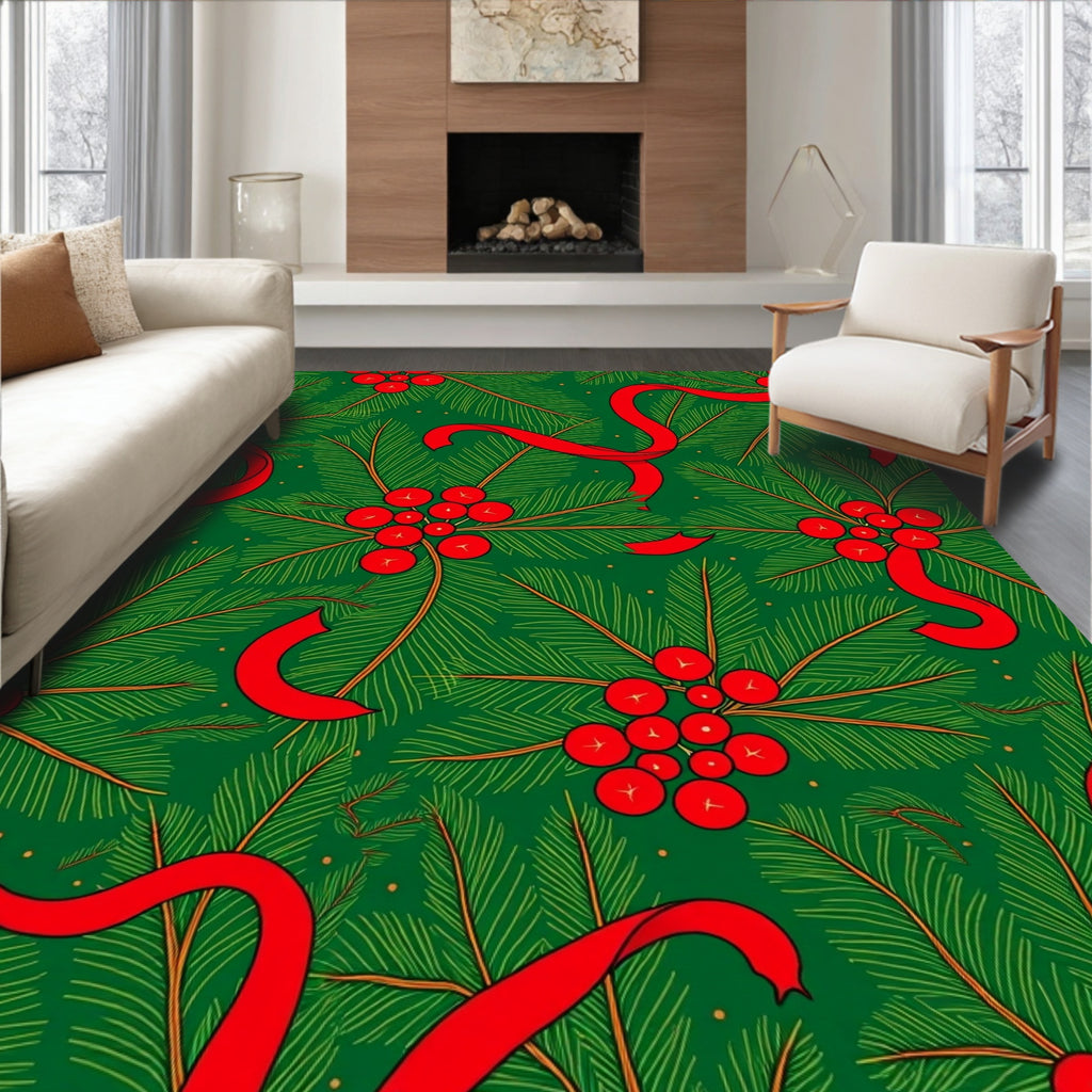 Christmas Green Red Holly Branch Rug
