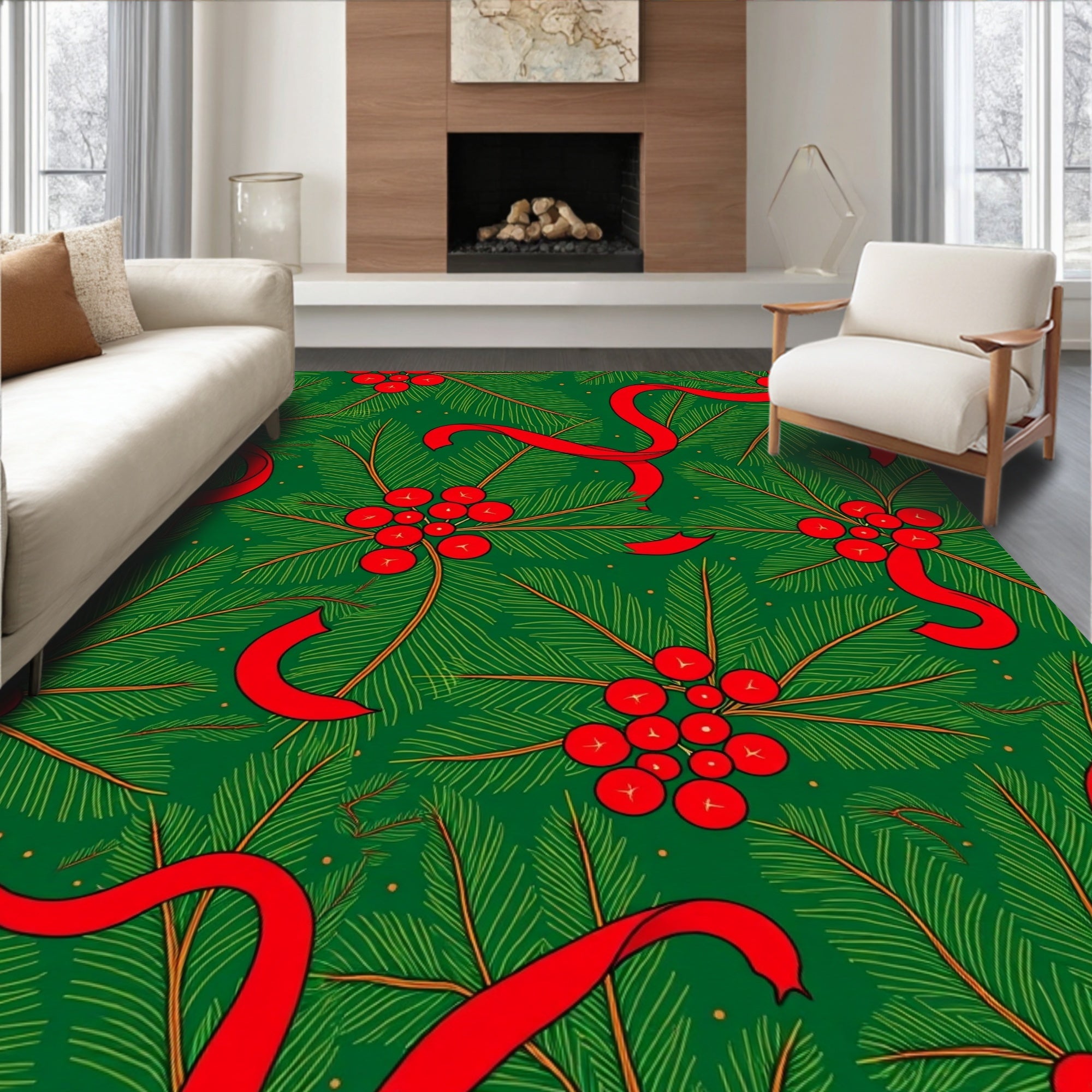 Christmas Green Red Holly Branch Rug