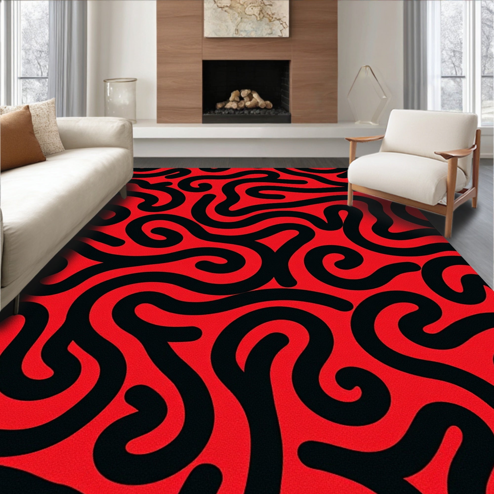Bold Red Black Swirl Abstract Line Rug