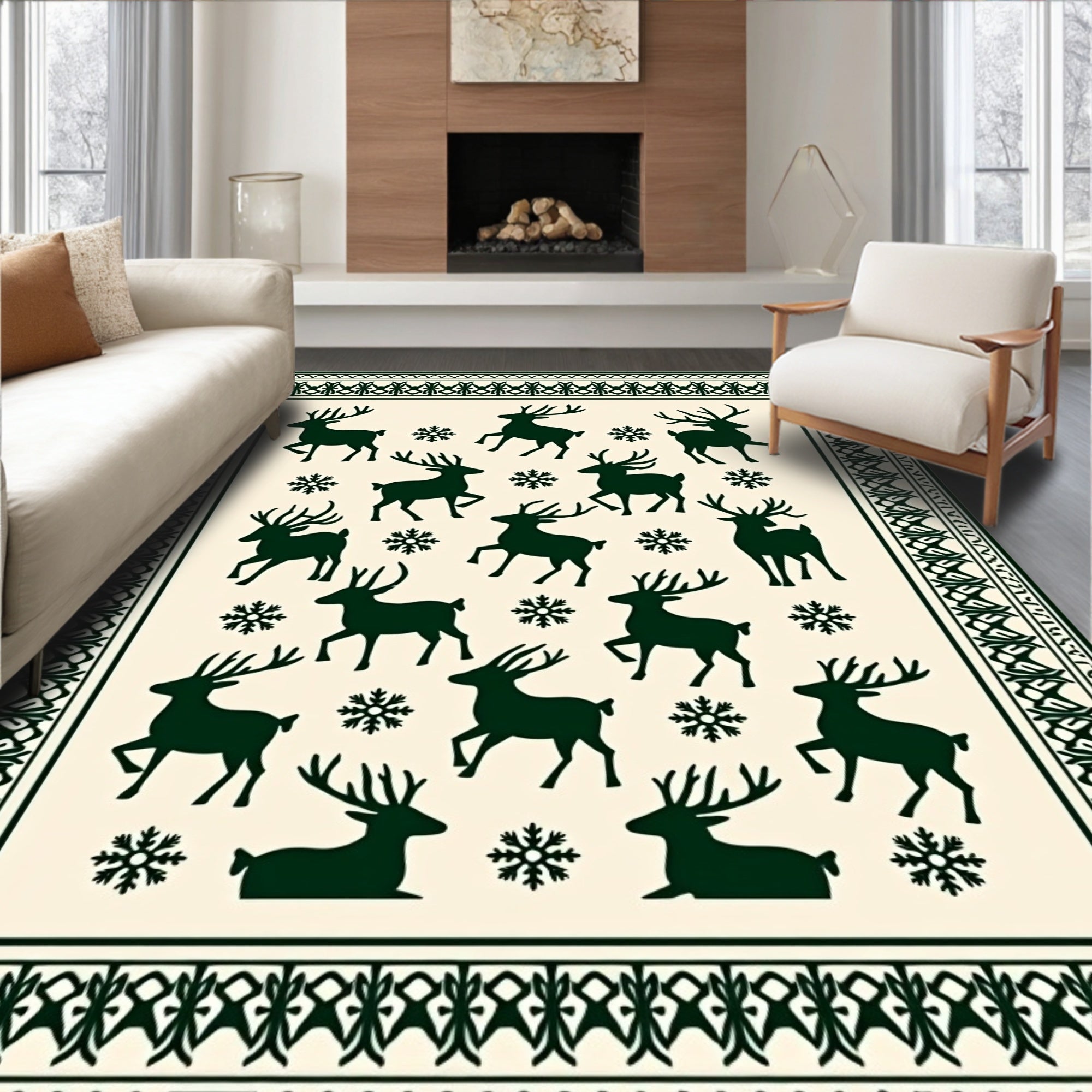 Forest Green Deer Snowflake Accent Rug